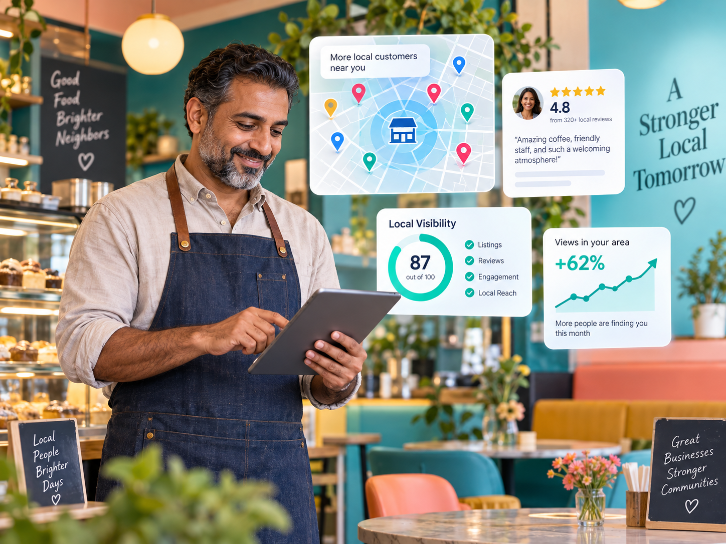 Local business owner using visibility and review analytics