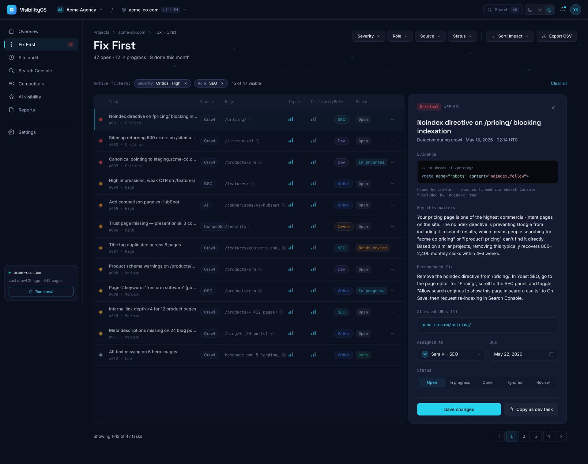 Fix First action engine showing prioritized tasks by business impact, with severity, owner, difficulty, and step-by-step instructions.