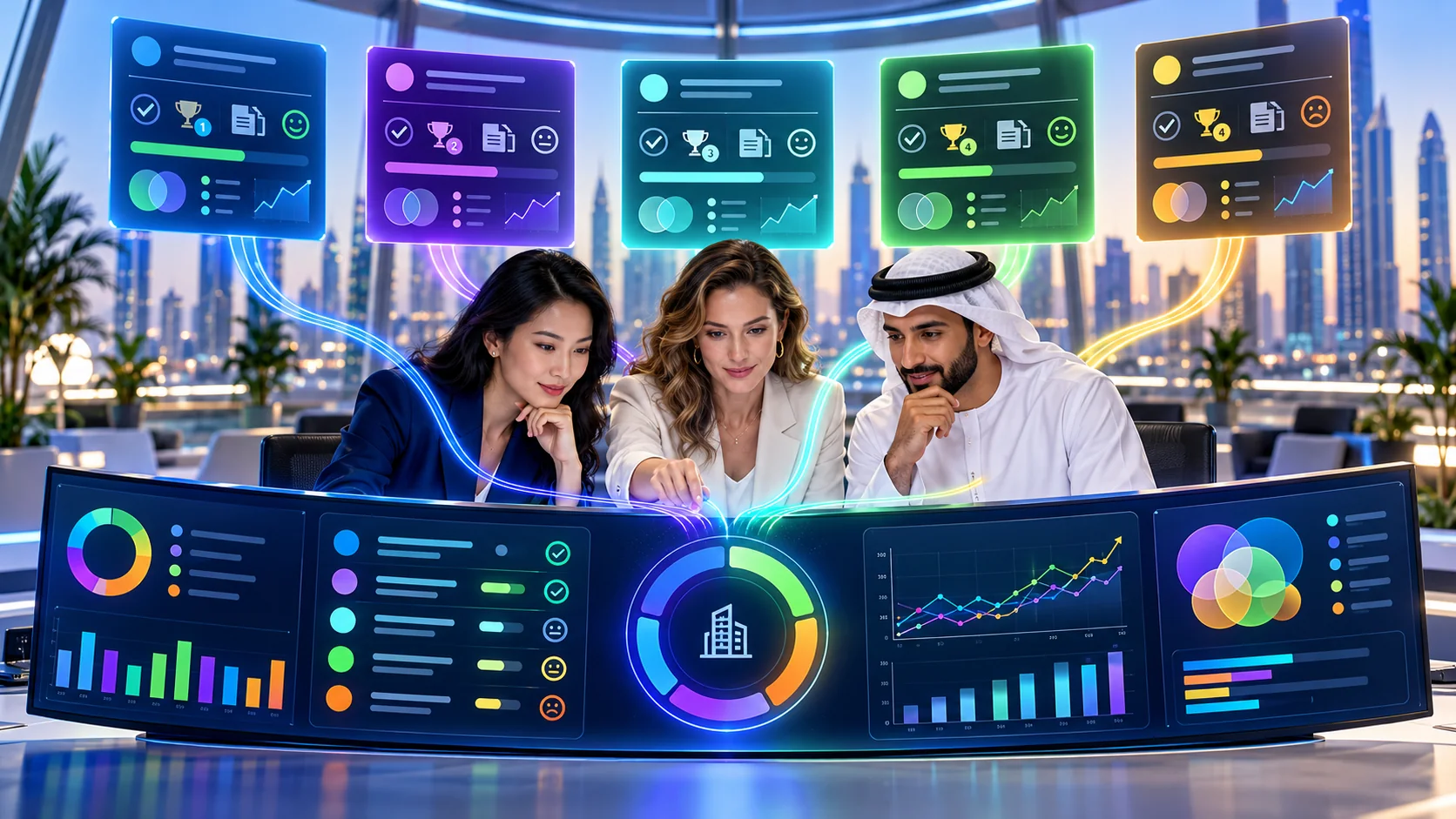 Three business professionals review five AI answer streams, brand mentions, cited sources, competitor overlap, and changes over time.