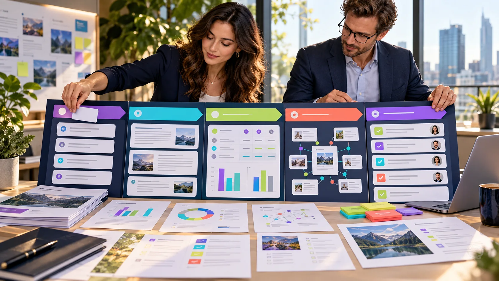 An agency lead and client advisor organize prompts, AI answers, competitor evidence, source gaps, and prioritized actions on an audit board.