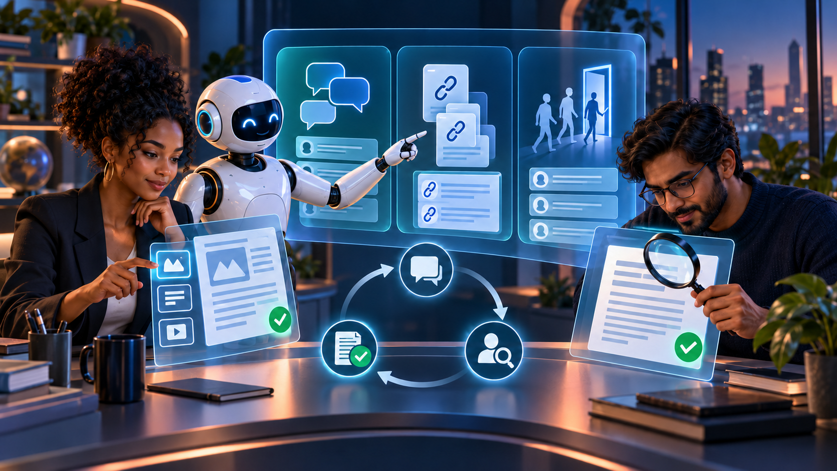 Two marketing analysts work with an AI robot to review brand mentions, source citations, and website visits. Conceptual illustration.
