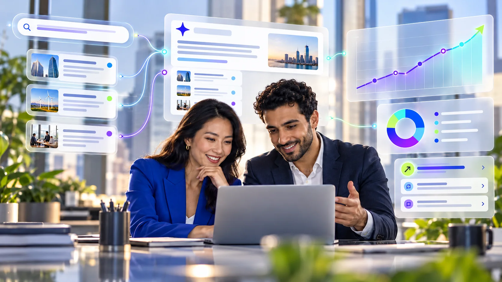 Two business professionals review connected source cards, an AI answer, visibility charts, and prioritized marketing actions.