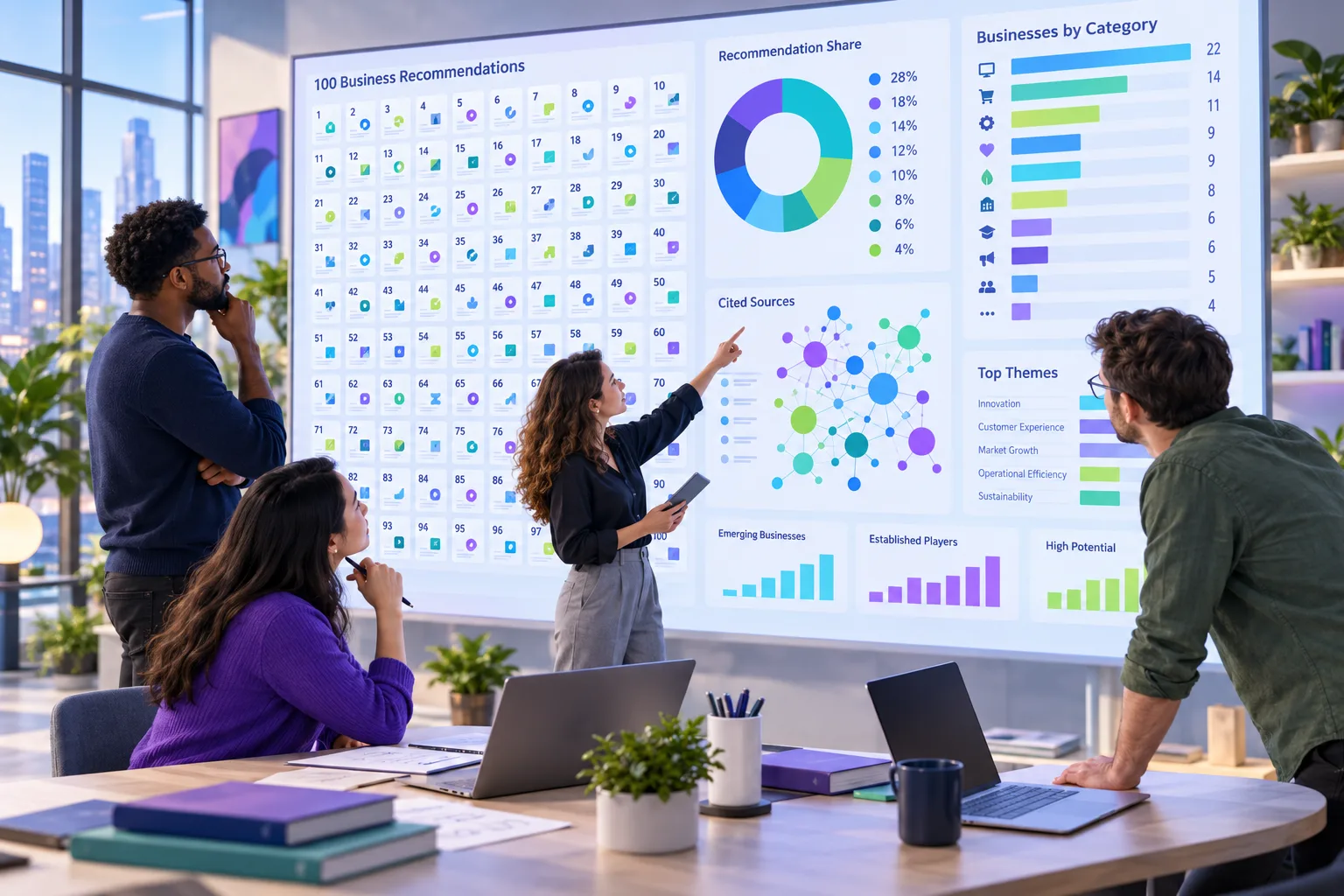 Research team examining one hundred AI recommendation results, citation clusters, and category analytics