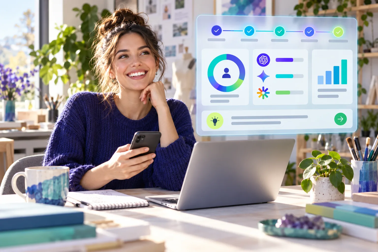 Small-business owner running a simple five-step AI visibility check with brand and citation analytics