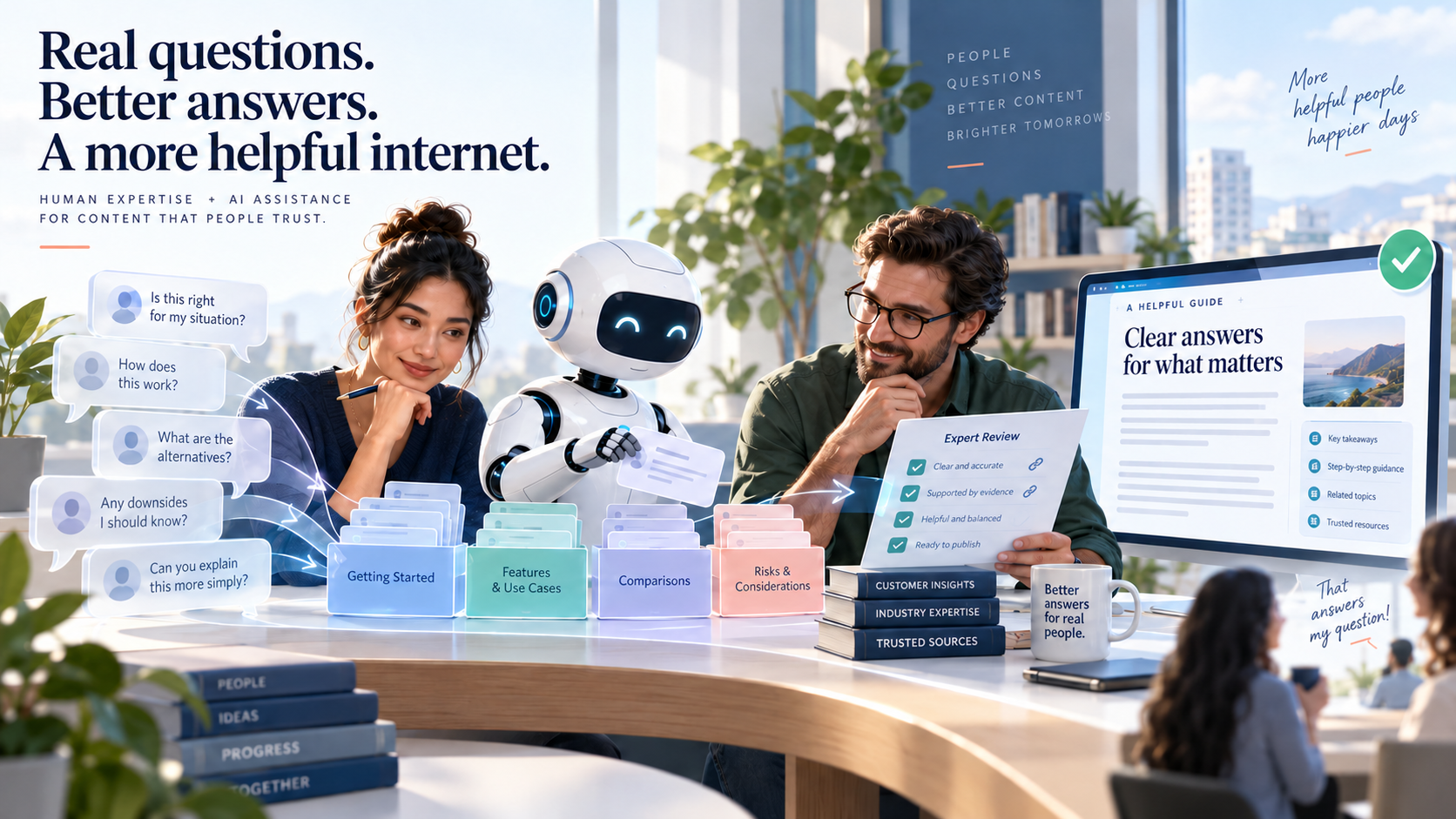 Marketing experts and a friendly AI robot organize customer questions and review an article together. Conceptual illustration.