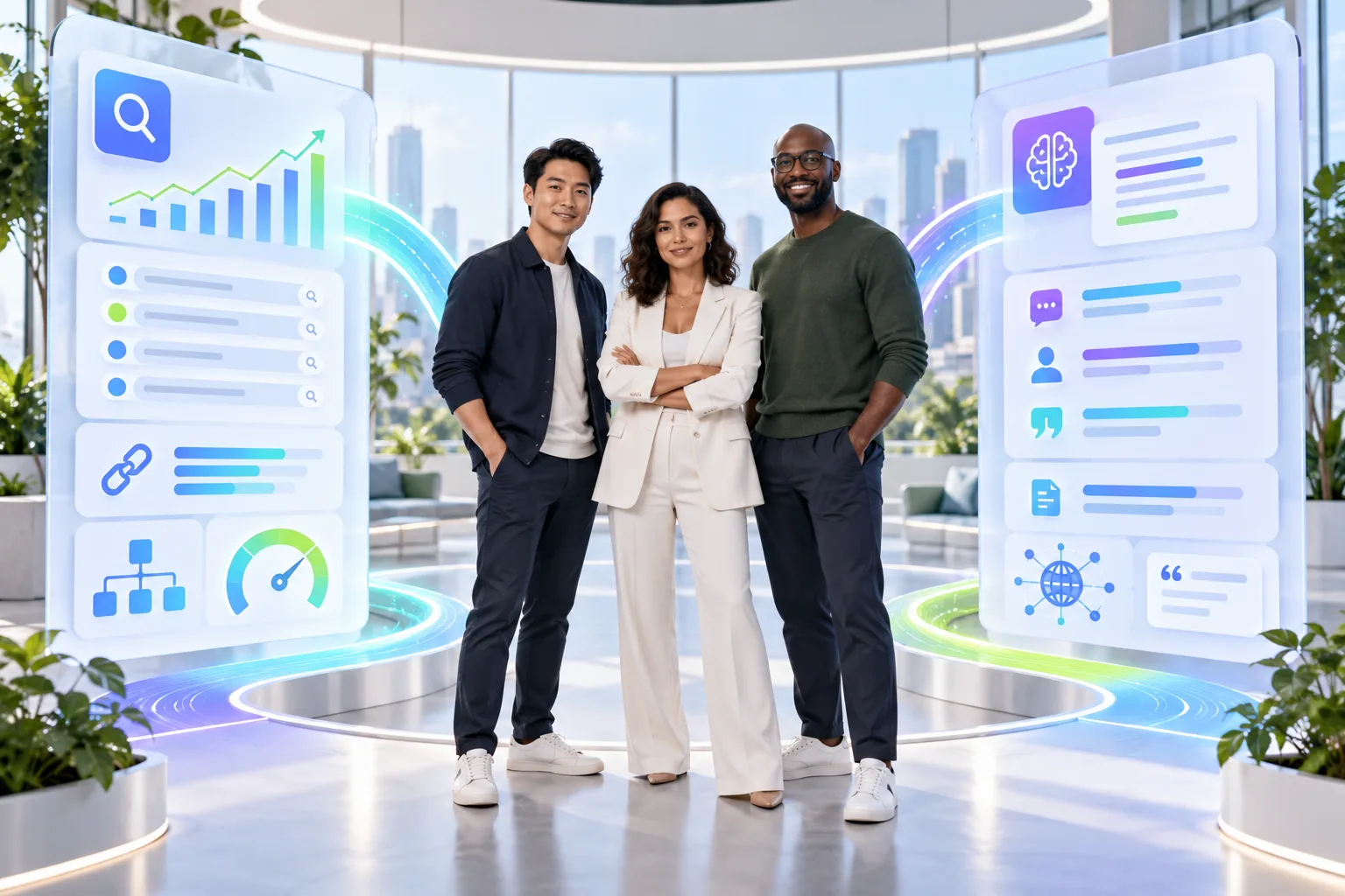 Search strategy team connecting traditional SEO rankings with AI answers, mentions, sources, and citations