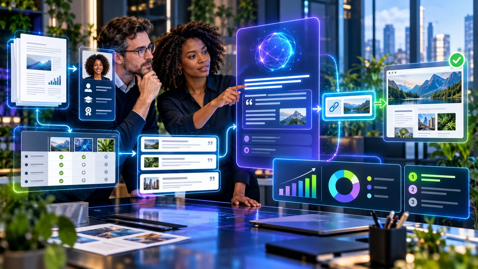 A content strategist and subject expert connect original research, expert proof, source cards, an AI answer, and citation analytics.