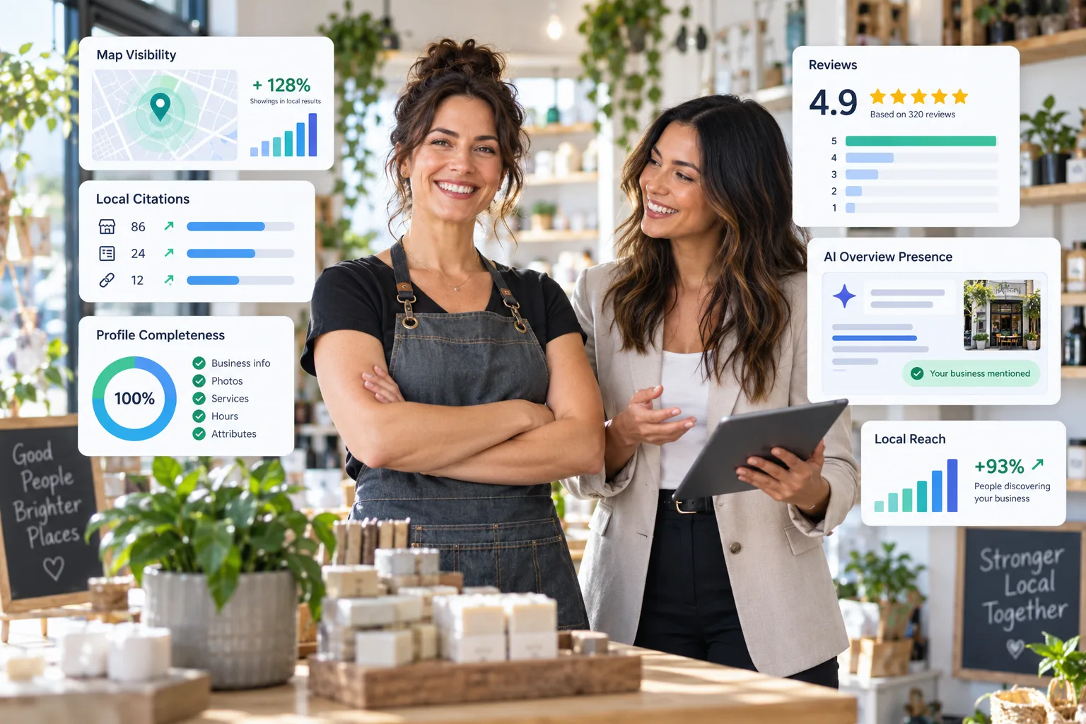 Local business owner and search strategist reviewing map visibility, reviews, citations, and AI Overview analytics
