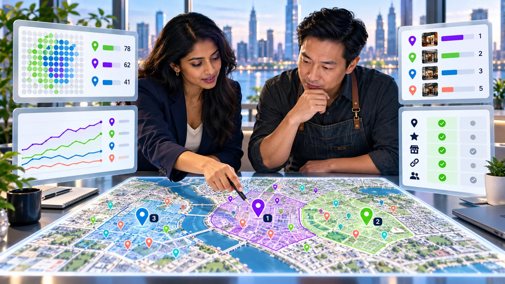 A local business owner and agency analyst review neighborhood map pins, visibility zones, nearby competitors, and movement over time.