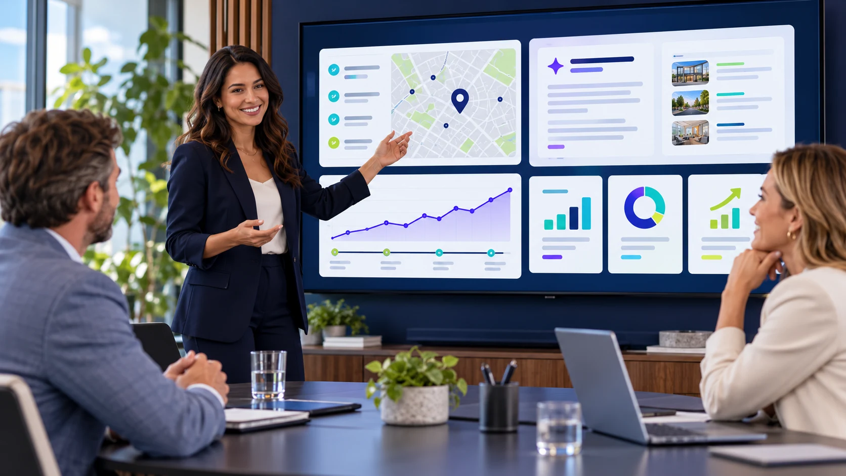 An agency strategist presents local and AI visibility findings to two clients using a clear report.
