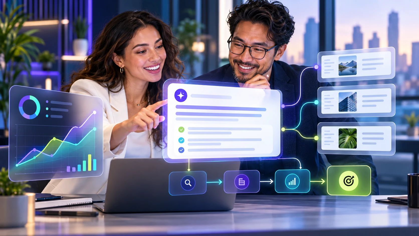 A business owner and strategist review AI answer cards, cited sources, and an improvement path.