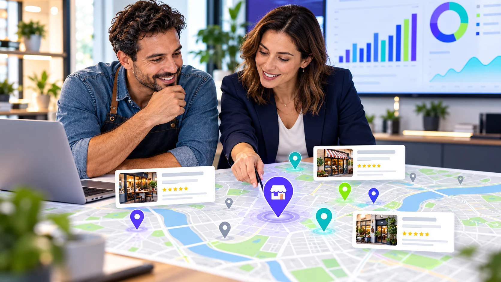 A local business owner and marketing analyst review map pins, nearby listings, and local visibility trends.