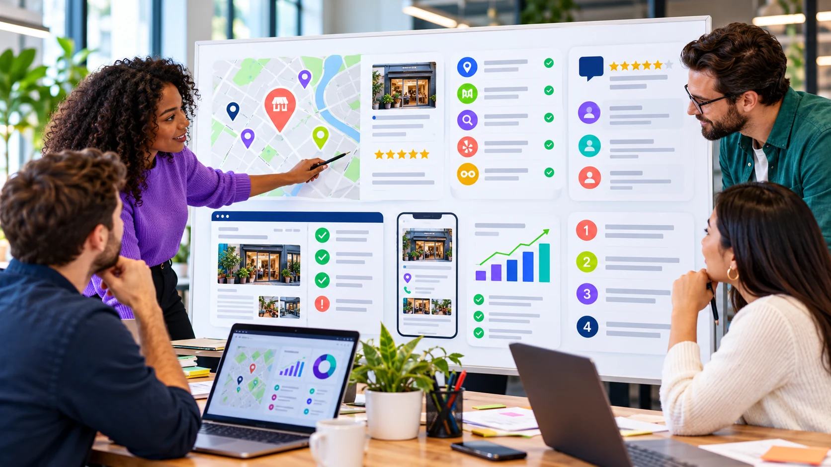 A small team reviews a local visibility audit with map listings, website checks, sources, and priorities.