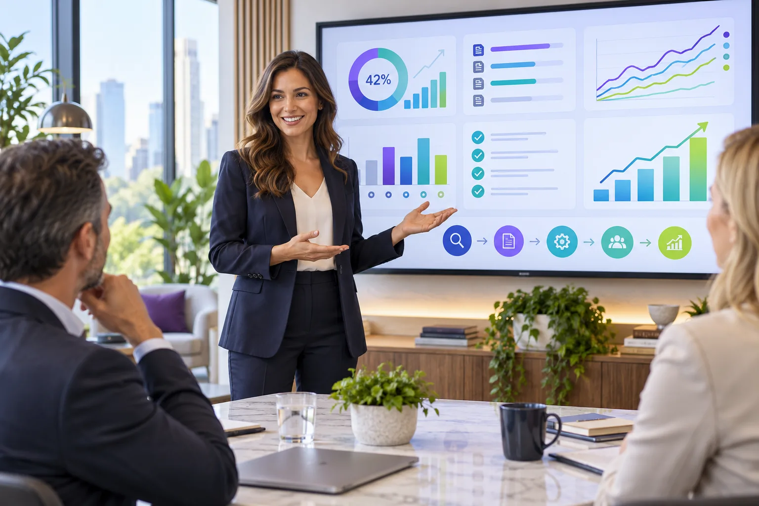 Agency strategist presenting an executive AI visibility report with citations, competitors, completed actions, and revenue signals