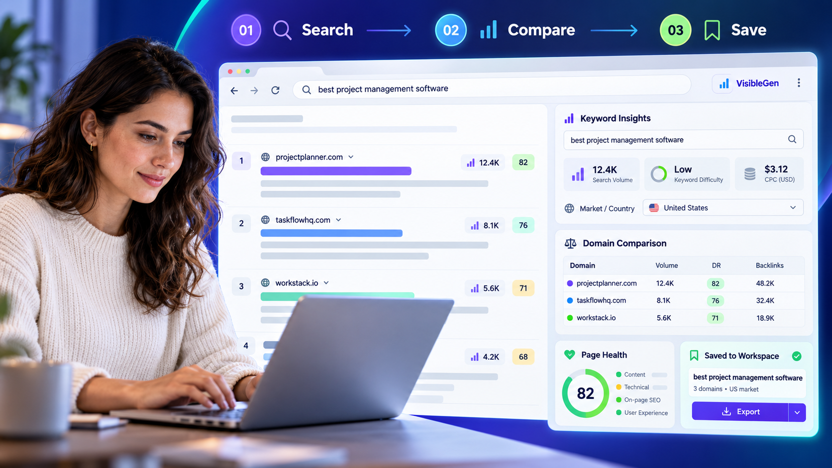 A marketer follows a three-step VisibleGen Chrome extension lesson for search, domain comparison, and saved research.