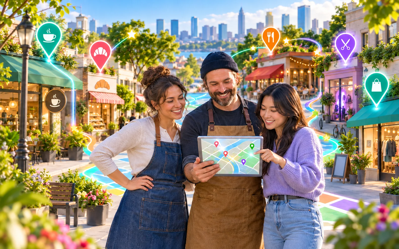 Three local business professionals exploring a colorful neighborhood shop map